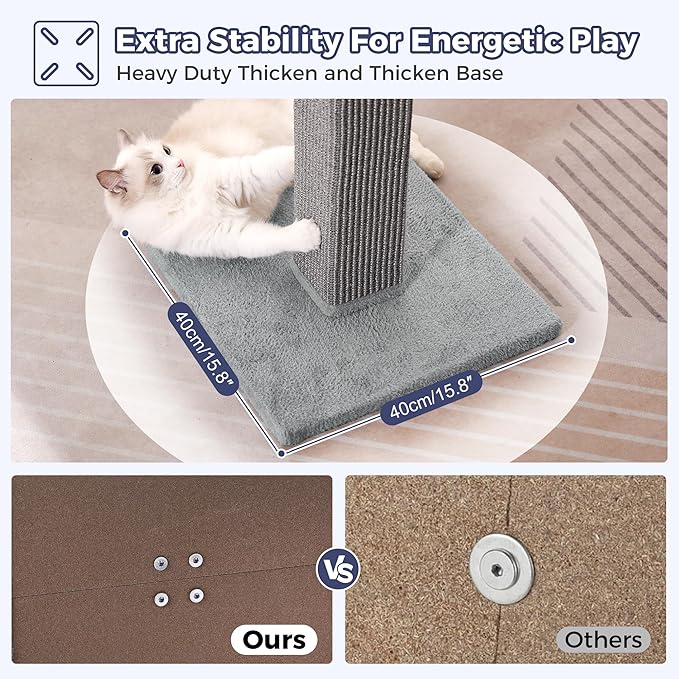 Large Cat Scratching Post with Heavy Duty Base 33" Sturdy Square Sisal Scracher Post and 2 Interactive Hanging Balls for Big Cats-Grey