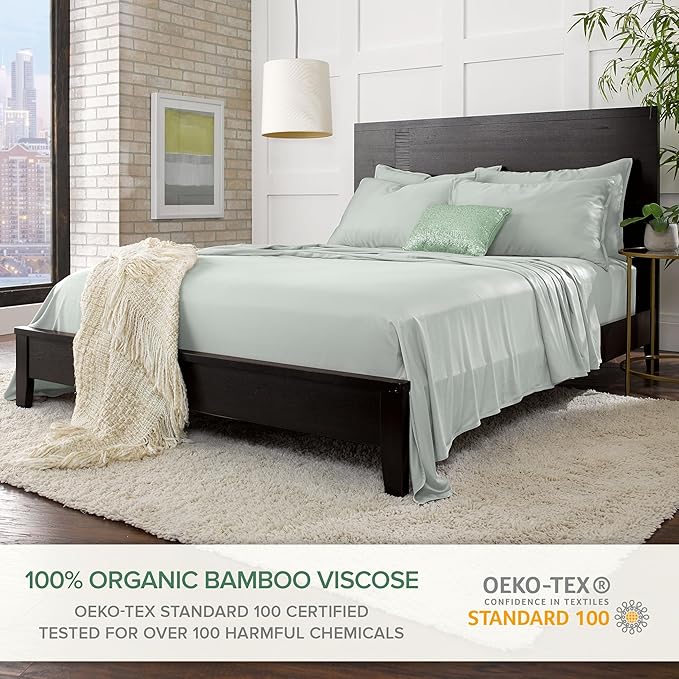 Pure Bamboo Split King Sheets, Genuine 100% Organic Viscose Derived from Bamboo Bed Sheet Set, Soft & Cooling, Double Stitching, 2 Fitted Sheets (Split King, Sea Glass)