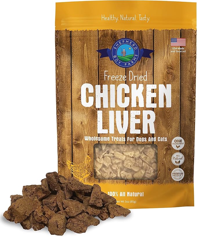 Shepherd Boy Farms Freeze Dried Dog and Cat Treats, Chicken Liver, All Natural Single Ingredient Freeze-Dried Dog Treat & Snacks, Made in USA, High Protein, Essential Nutrition Raw Food, 3oz
