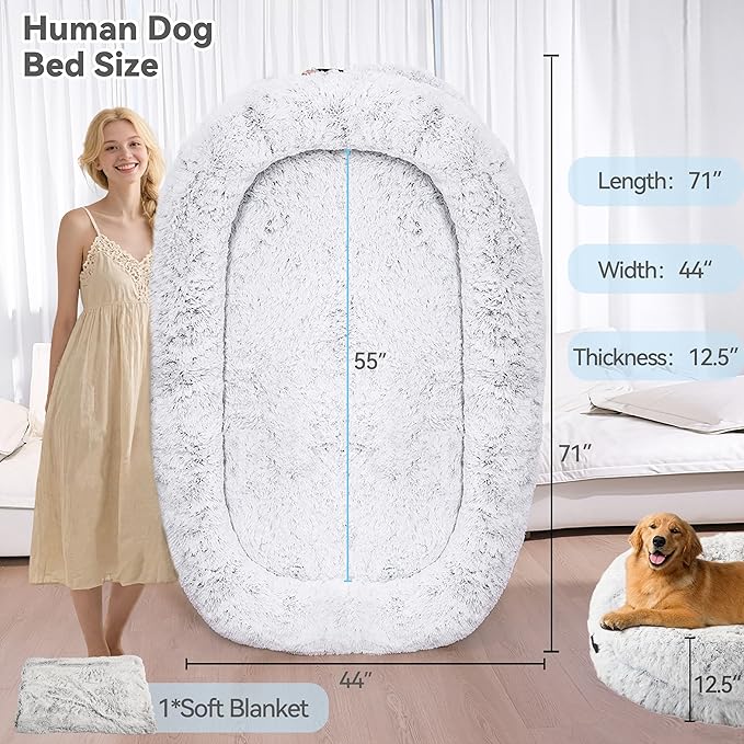71"x44"x12.5" Human Dog Bed for Adult Faux Fur Washable Human Dog Bed Portable Handle, Egg Orthopedic Foam Human Bed Extra Large with Present Blanket Grey