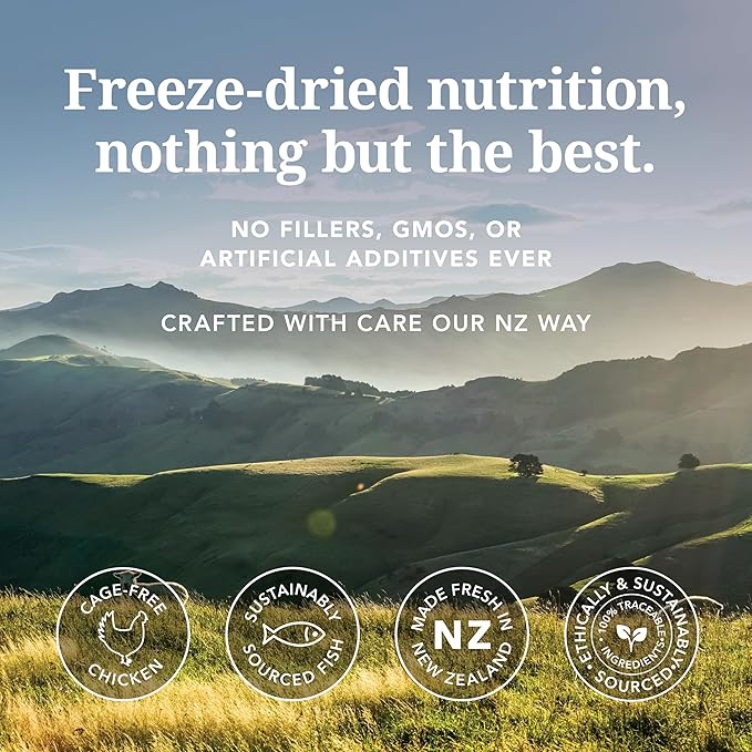 Feline Natural Freeze Dried Cat Food - Grain-Free and High Protein Cat Food from New Zealand, Complete Meal or Topper for Kittens, Adults, and Senior Cats, Chicken and King Salmon, 320g