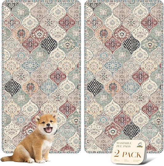 nunubaby Washable Pee Pads for Dogs, Stylish, Non-Slip and Leak-Proof Pee Pads. Reusable Potty Pads for Dogs for Crates and Floors.(Dark Red/Multi, 24" x48" )