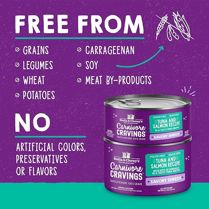 Stella & Chewy's Carnivore Cravings Savory Shreds - Wet Cat Food - High-Moisture Formula with Premium Real Meat - Perfect for Picky Eaters - Tuna & Salmon Recipe, 5.2 oz, 8 Count