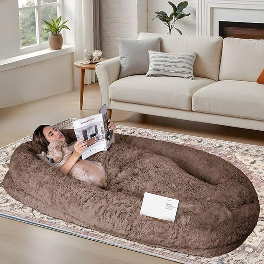 71"x44"x12.5" Human Dog Bed for Adult Faux Fur Washable Human Dog Bed Portable Handle, Egg Orthopedic Foam Human Bed Extra Large with Present Blanket Brown