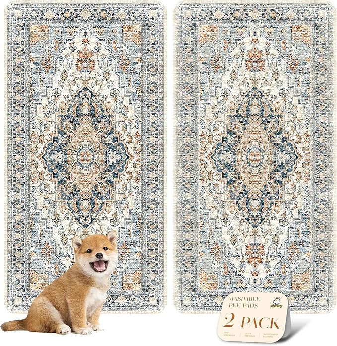 nunubaby Washable Pee Pads for Dogs, Stylish, Non-Slip and Leak-Proof Pee Pads. Reusable Potty Pads for Dogs for Crates and Floors.(Beige/Multi, 24" x48" )