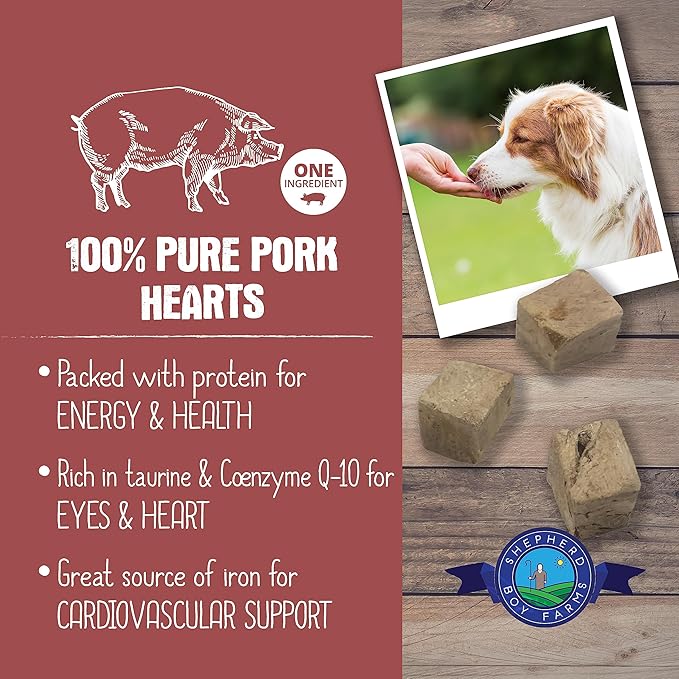 Shepherd Boy Farms Freeze Dried Dog and Cat Treats, Pork Heart, All Natural Single Ingredient Freeze-Dried Treat & Snacks, Made in USA, High Protein, Essential Nutrition of Raw Dog Food, 8oz
