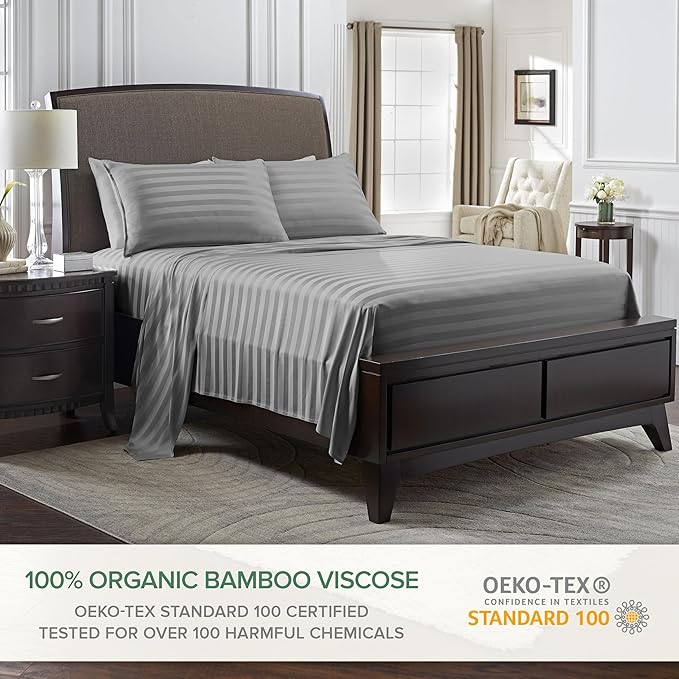 Pure Bamboo Split King Sheets, Genuine 100% Organic Viscose Derived from Bamboo Bed Sheet Set, Soft & Cooling, Double Stitching, 2 Fitted Sheets (Split King, Jacquard Stone)