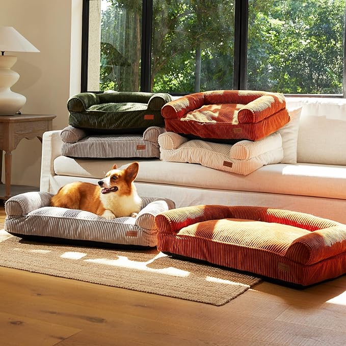 FUKUMARU Cute Dog Bed, Waterproof Corduroy Dogs Couch, 36in Orthopedic Pet Sofa for Medium to Large Dogs Dog, Warm Cotton Pet Bed with Washable Cover, Cream