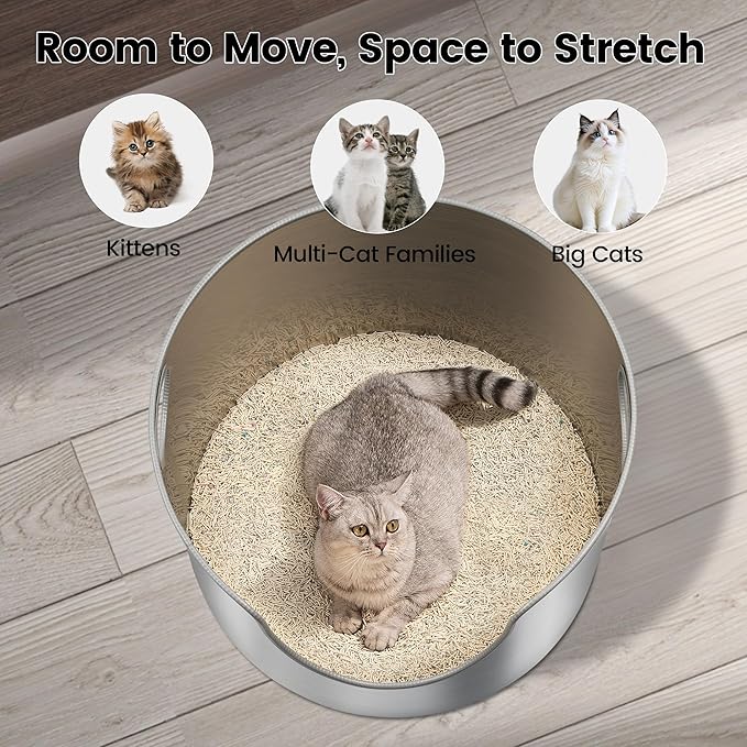 Stainless Steel Litter Box, Metal Litter Box, Integrated Round, XL 12'' High Side, Odor Control, Easy to Clean, Durable, Includes Scoop for Big Cats & Multi-Cat Households