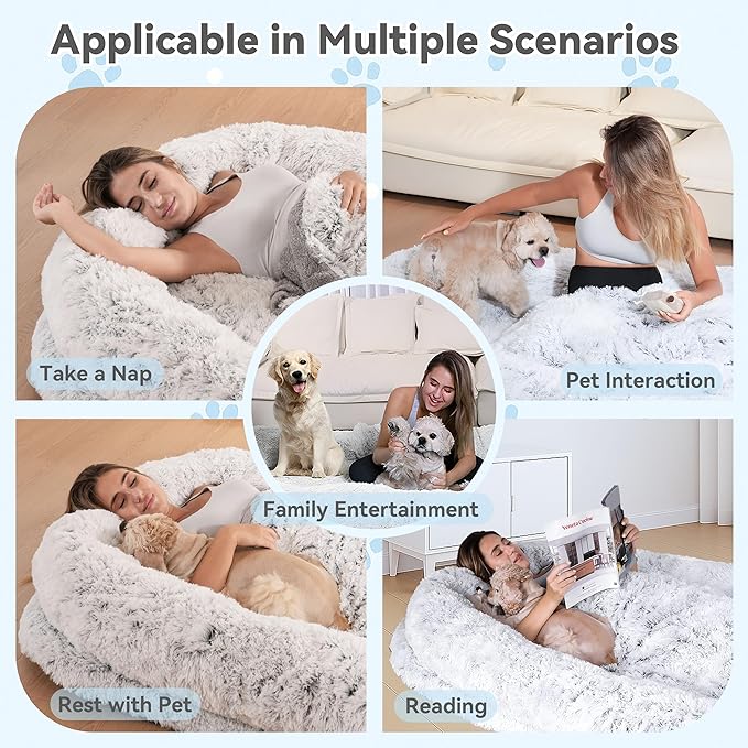 71"x44"x12.5" Human Dog Bed for Adult Faux Fur Washable Human Dog Bed Portable Handle, Egg Orthopedic Foam Human Bed Extra Large with Present Blanket Grey