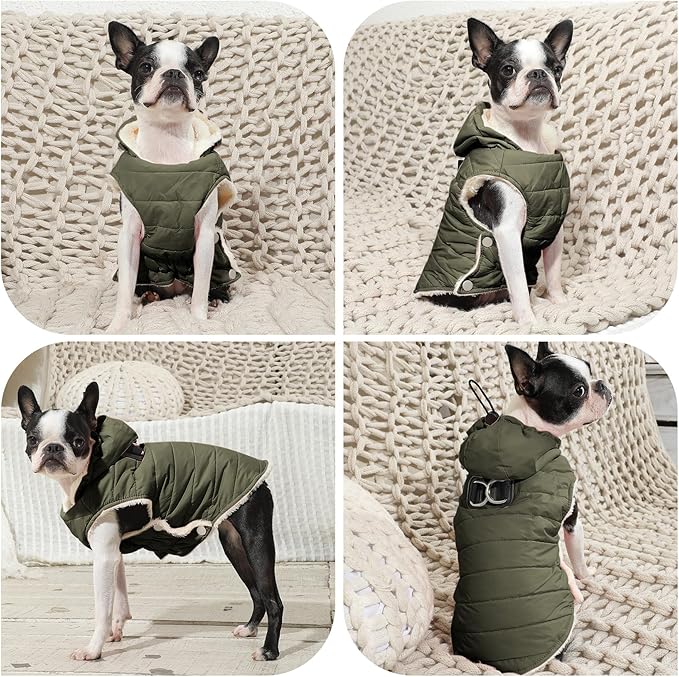 Fleece Lining Dog Hoodie with Harness Built in,Extra Warm Large Dog Jacket in Winter Doggie Coats with Drawstring Hooded,Green XXL