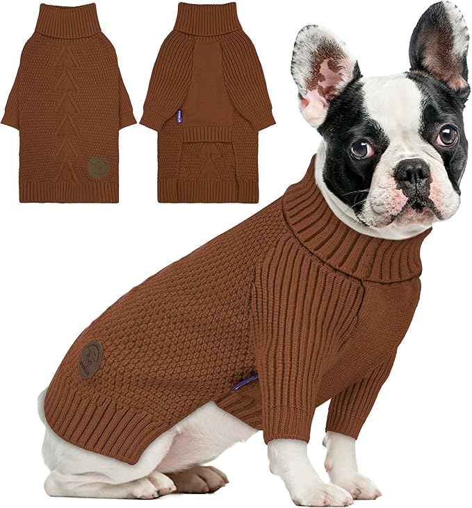 cyeollo Dog Sweaters for Medium Dogs Boy, Stretchy Warm Turtleneck Doggy Clothes for Fall Winter, Thermal Knit Pet Apparel with Sleeves, Brown XL
