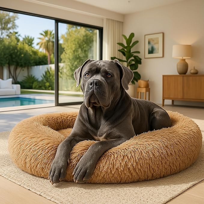 Calming Dog Bed - Fluffy Donut Cuddler for Anxiety Relief, Orthopedic Pet Bed with Non-Slip Bottom, Cozy Round Faux Fur Nest for Dogs and Cats, Plush Crate Mat for Comfort (Camel, Large)