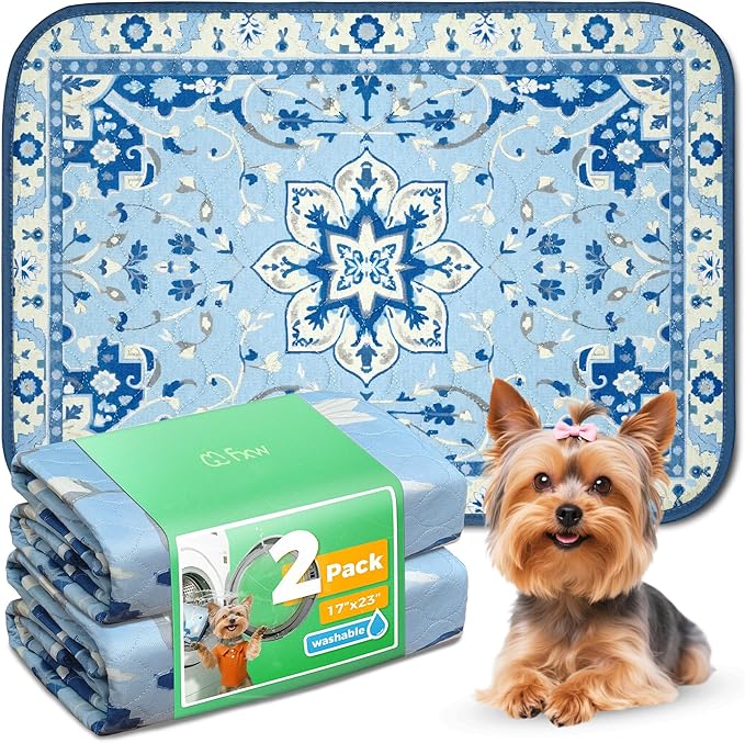 FXW Washable Pee Pads for Dogs, Puppy Pads with Super Absorbent, Specifically Designed for 24inch Cages, 17" x 23" Rectangle, Boho Blue, 2 Packs