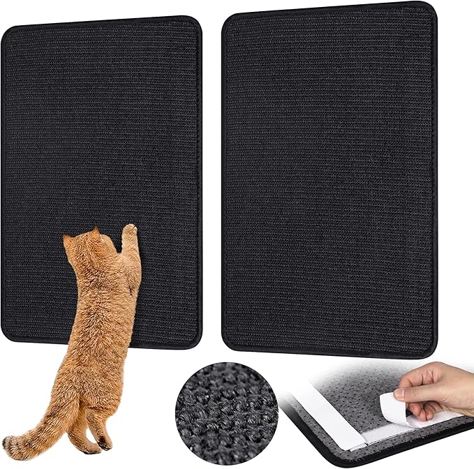 Black Cat Scratching Mat Sisal, 2 Packs Sisal Fabric Large Cat Scratching Pad for Indoor Cats with Adhesive Hook Loop Tape, Wall Scratchers for Indoor Cats 23.6" x 15.7"