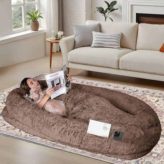 78"x44"x12.5" Human Dog Bed for Adult Faux Fur Washable Human Dog Bed Portable Handle, Egg Orthopedic Foam Human Bed Extra Large with Present Blanket Brown
