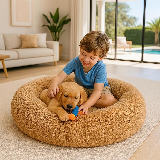 Calming Dog Bed - Fluffy Donut Cuddler for Anxiety Relief, Orthopedic Pet Bed with Non-Slip Bottom, Cozy Round Faux Fur Nest for Dogs and Cats, Plush Crate Mat for Comfort (Camel, Large)