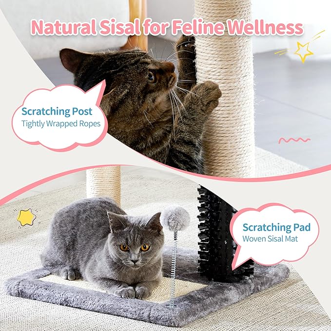 Made4Pets Small Cat Tree Tower, Cat Scratching Post 4-in-1 with Self Groomer Brush, 20" Tall Natural Sisal Cat Scratcher, Plush Perch Bed with Dangling Ball for Indoor Kittens, Grey