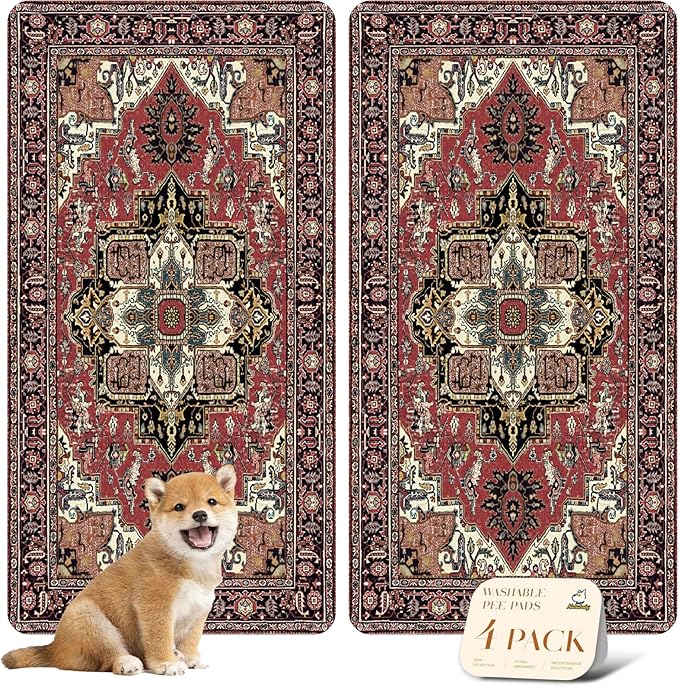 nunubaby 4PACK Washable Pee Pads for Dogs, Stylish, Non-Slip and Leak-Proof Pee Pads. Reusable Potty Pads for Dogs for Crates and Floors.(Red/Rect, 24" x48" )