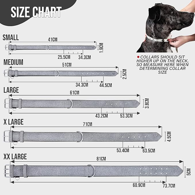 Riparo Genuine Leather Padded Dog Heavy Duty K-9 Adjustable Collar (XL: 1.75” Wide for 21”-25” Neck, Gray/White Thread)