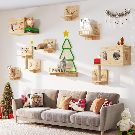 Cat Wall Shelves, 17-in-1 Solid Wood Wall-Mounted Cats Furniture Set with Scratching Post, Cat Climbing Wall Systems with Condos, House, Steps, Cushion, Small Bowl, Cats Shelf Furniture