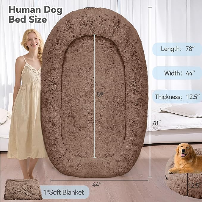 78"x44"x12.5" Human Dog Bed for Adult Faux Fur Washable Human Dog Bed Portable Handle, Egg Orthopedic Foam Human Bed Extra Large with Present Blanket Brown