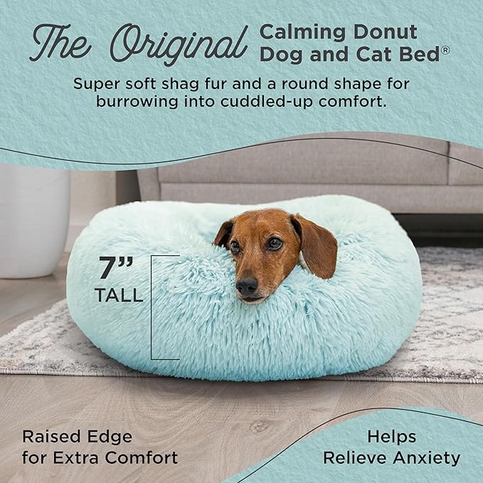 Best Friends by Sheri Original Calming Donut Dog and Cat Bed, Shag Faux Fur, Baby Blue, (23in x 23in) - Anxiety Relief for Pets Up to 25 lbs