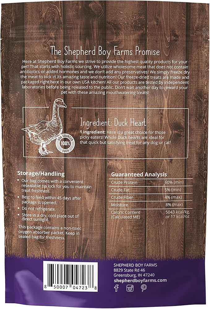 Shepherd Boy Farms Freeze Dried Dog and Cat Treats, Duck Heart, All Natural Freeze-Dried Dog Treat & Snack, Made in USA, High in Protein, Essential Nutrition of Raw Food, Single Ingredient 3oz