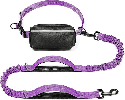 iYoShop Hands Free Dog Leash with Zipper Pouch, Dual Padded Handles and Durable Bungee for Walking, Jogging and Running Your Dog (Large, 25-120 lbs, Purple)