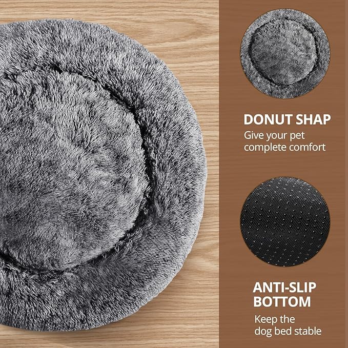 JOLLYVOGUE Calming Dog Bed Medium Size Dog, Anti-Anxiety Donut Medium Pet Bed, 31 inches Fluffy Faux Fur Round Cat Bed, Fits up to 45 lbs Pets (Smoke Black)