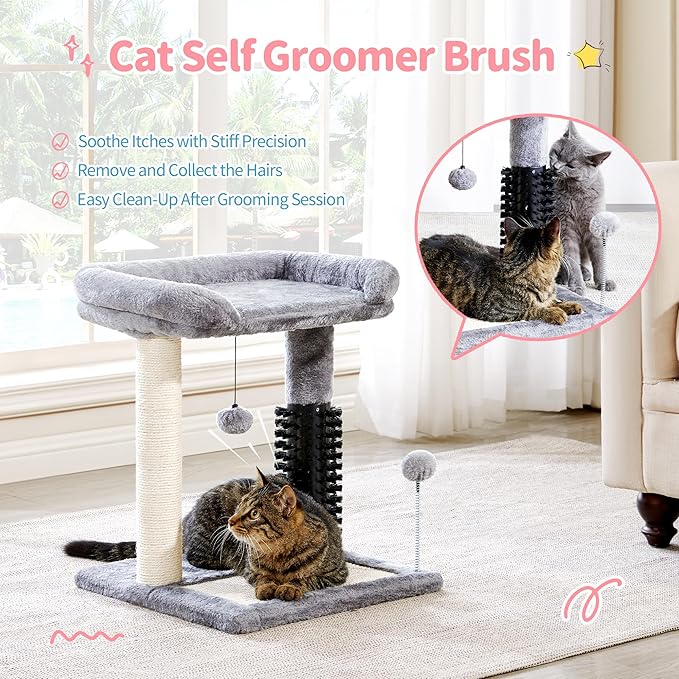 Made4Pets Small Cat Tree Tower, Cat Scratching Post 4-in-1 with Self Groomer Brush, 20" Tall Natural Sisal Cat Scratcher, Plush Perch Bed with Dangling Ball for Indoor Kittens, Grey