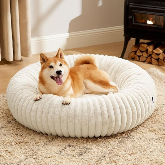 Bedsure Donut Large Dog Bed - Washable Faux Fur with Corduroy Fleece & Anti Slip Bottom, Round Pet Bed with Removable Cover, Cream, 36x36x8 inches