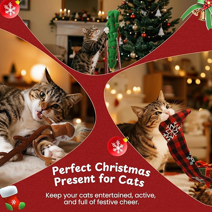Nocciola 3 PCS Christmas Cat Wand Toys – Interactive Cat Christmas Toys Set with Reindeer, Tree and Santa Hat, Natural Catnip Toys and Silvervine Chew Sticks, Festive Teaser Wand for Kittens