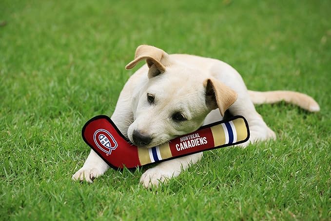 Pets First Dog Toy Tough Nylon with Inner Squeaker Licensed by NHL Montreal Canadiens Hockey Stick Toy for Dogs & Cats. Play Hockey with Your Pet with This Licensed Dog Tough Toy