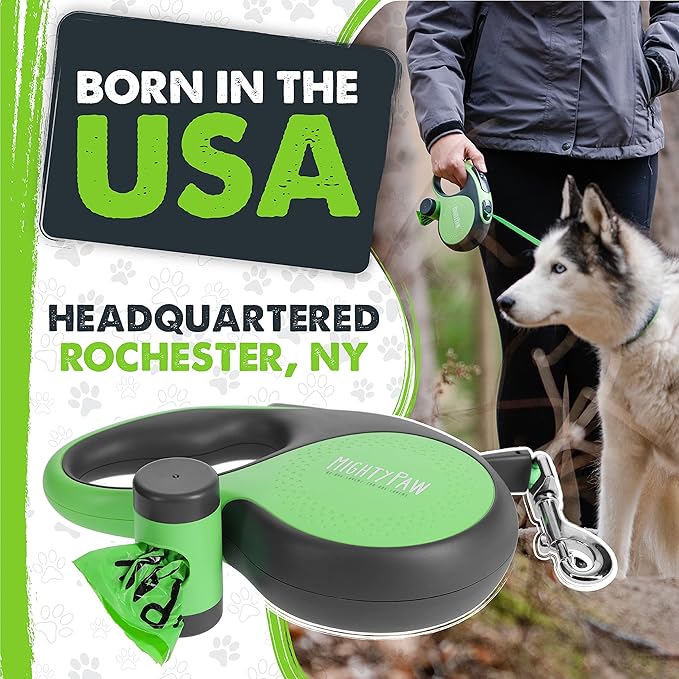 Mighty Paw Retractable Leash with Built-in Poop Bag Holder | 16' Long Retractable Dog Leash for Small Dogs, Medium Breeds & Large Pets with Tape for Quick Control. Poop Bags Included
