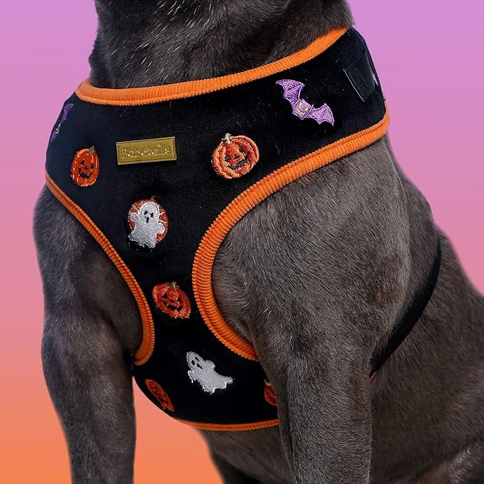 Halloween Velvet Dog Harness, No-Pull Design, Adjustable, XXS-Large, Black, Embroidered, Velvet & Corduroy, Machine-Washable (Black, L)