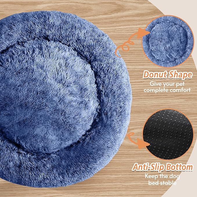 JOLLYVOGUE Calming Small Dog & Cat Bed for Indoor Cats - 20 inches Washable Donut Bed for Kittens & Puppies, Anti-Anxiety Round Fluffy Plush Pet Beds (Fits up to 15 lbs, Navy Blue)