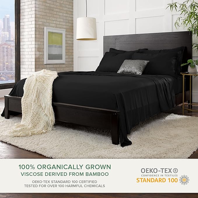 Pure Bamboo Queen Sheets, Genuine 100% Organic Viscose Derived from Bamboo Bed Sheet Set, Luxuriously Soft & Cooling, Double Stitching, 2 Year Quality Promise (Queen, Black)