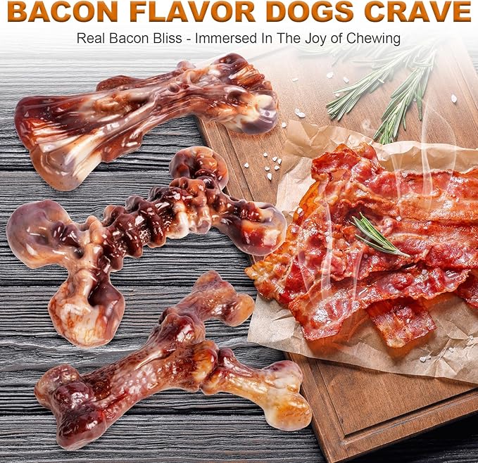 6-Pack Heavy Duty Nylon Dog Chew Toys for Medium Large Dogs, Bacon Flavor, Pure Nylon for Aggressive Chewers, Reduces Boredom, Varied Shapes, Designed for 25-80 lbs Breed Sizes