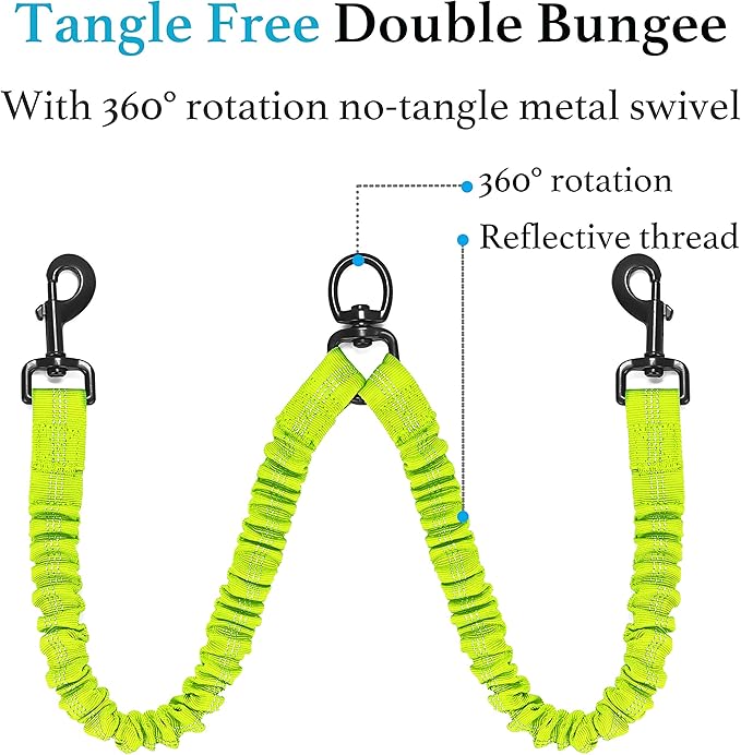 iYoShop Dual Dog Leash - 360° Swivel, No Tangle Walking Leash with Shock Absorbing Bungee for Two Dogs (Large, 25-150 lbs, Green)