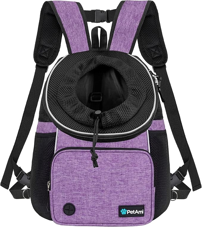 PetAmi Adjustable Cat & Dog Chest Carrier Backpack, Ventilated for Hiking & Camping, Max 10 lbs, Purple