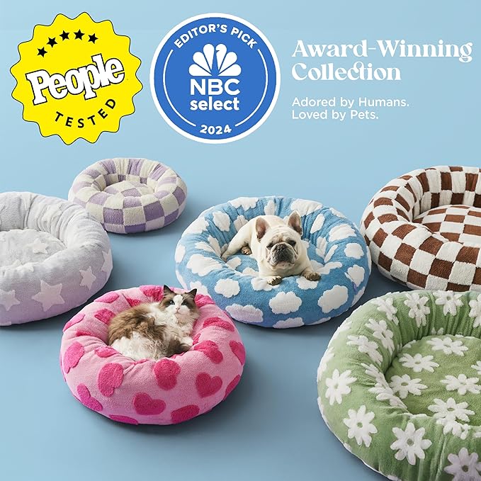 Lesure Shown on TV Donut Dog Beds for Small Dogs - Calming Cat Beds for Indoor Cats as Christmas Bed Gift with Washable Cover, Round Home Decor Cute Pet Beds with Jacquard Shaggy Plush, 23 Inch, Blue