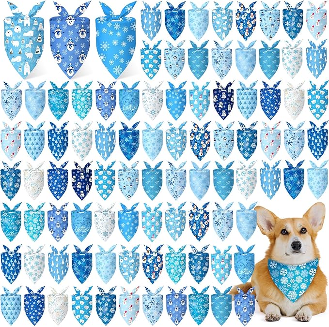 Preboun 200 Pcs Winter Dog Bandanas Bulk Blue Snowflakes Snowmen Bandanas for Dogs Triangle Kerchief Bibs Scarf for Pet Costume Photo Props Accessories Grooming Services Pet Shops Groomers, 25 Styles