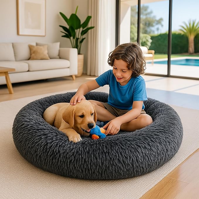 Calming Dog Bed - Fluffy Donut Cuddler for Anxiety Relief, Orthopedic Pet Bed with Non-Slip Bottom, Cozy Round Faux Fur Nest for Dogs and Cats, Plush Crate Mat for Comfort (Dark Grey, Small +)