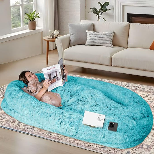 78"x44"x12.5" Human Dog Bed for Adult Faux Fur Washable Human Dog Bed Portable Handle, Egg Orthopedic Foam Human Bed Extra Large with Present Blanket Blue