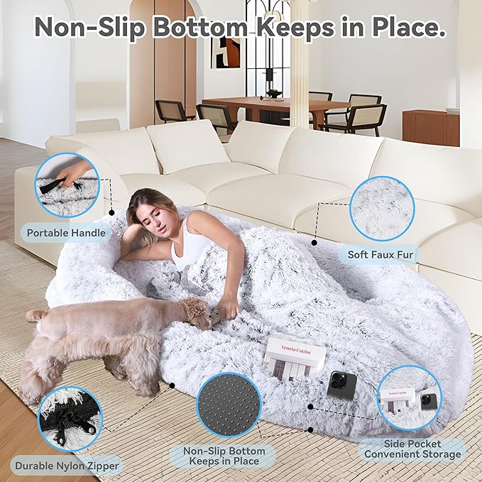 78"x44"x12.5" Human Dog Bed for Adult Faux Fur Washable Human Dog Bed Portable Handle, Egg Orthopedic Foam Human Bed Extra Large with Present Blanket Grey