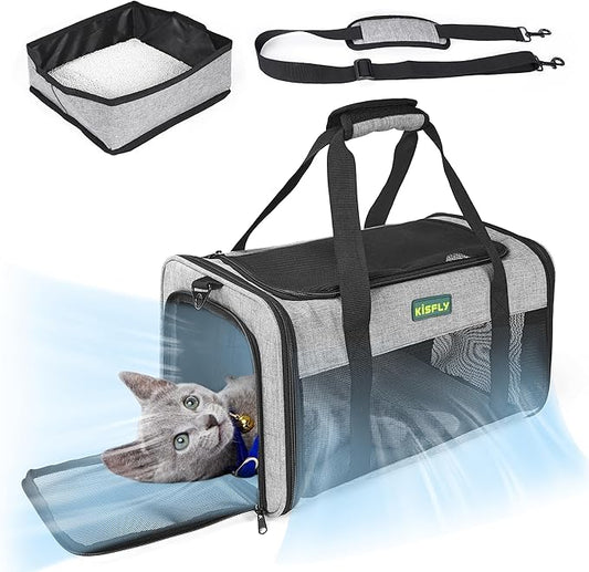 TSA Approved Pet Carrier in Cabin, 17"x11"x9.5" Soft Cat Carriers for Small Cats up to 12 lb, Top-Open Portable Dog Carrier with Litter Box and Anti-Scratch Mesh for Puppy up to 10 lb, Gray