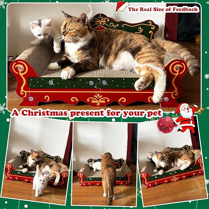 Scratching Sofa,Christmas Theme Couch Shaped Thick Scratching Cardboard, Lounge Bed for Indoor Rest&Play, Sofa Scratcher Pad (Red, 23" L X 12.2" W X 10.7" H)