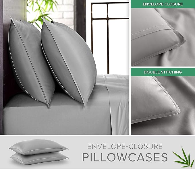 Pure Bamboo California King Sheets, Genuine 100% Organic Viscose Derived from Bamboo Bed Sheet Set, Soft & Cooling, Double Stitching, 2 Year Quality Promise (California King, Stone Grey)