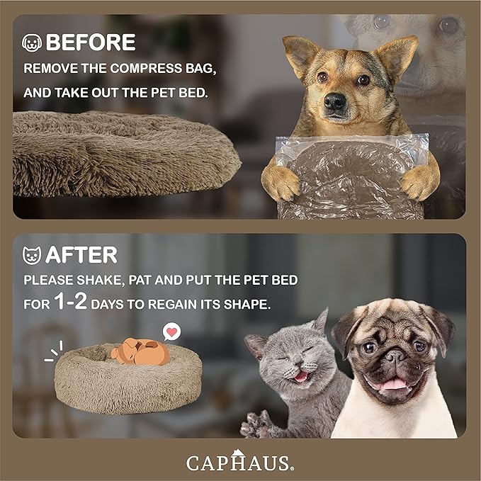 CAPHAUS 24/30 Inch Calming Donut Pet Bed for Small/Medium Cats and Dogs, Anti-Slip Bottom, Washable, Anti-Anxiety Fluffy Round Cat Bed, Indoor Shaggy Cuddler Cotton Candy Brown, Light Gray, Pink Bed